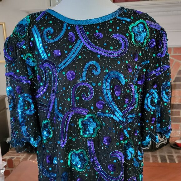 Vintage Laurence Kazar New York Sequined Top in Beautiful Blues and Greens - Picture 3 of 6